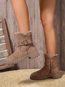 2025 Autumn/Winter New Fashionable Versatile Snow Boots, Fluffy Lining, Warm, Platform Design, Thickened Winter Shoes, Women Thick Sole Ankle Boots, Fashionable Side Zipper Fluffy Lining Boots, Comfortable Winter Short Boots - Khaki - View 7