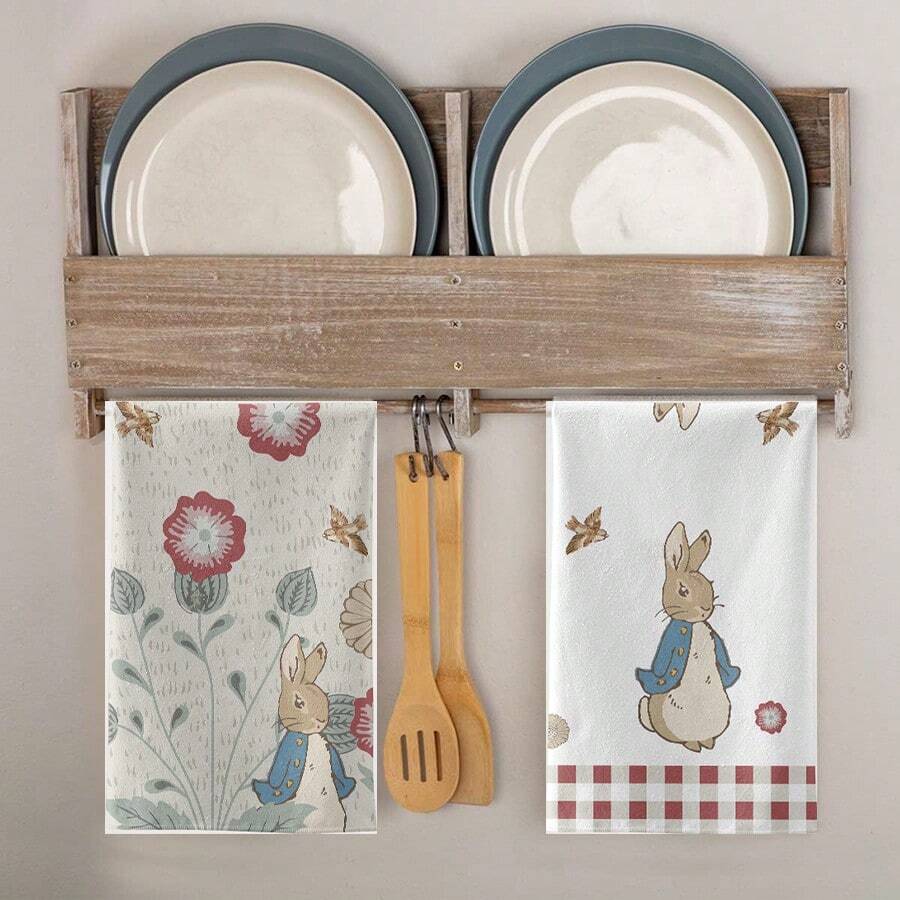 2 件复活节兔子主题厨房毛巾套装，包括 45x70 厘米洗碗布和柔软吸水快干茶巾，非常适合厨房、烘焙、房间装饰、节日礼物 - 彩色 - 查看 1