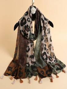 1pc Women Leopard Patchwork Print Fringe Scarf, Suitable For All Seasons - Multicolor - View 2