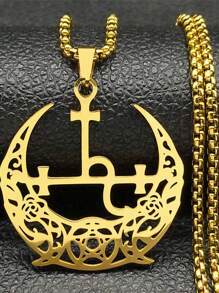 Wicca Triple Moon Crescent Pentagram Pedant Necklace For Women Men Stainless Steel Gold Color Satan Lilith Demon Seal