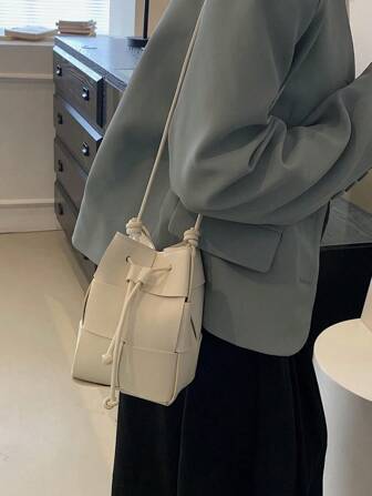 Fashion Woven Drawstring PU Bucket Bag, Mini Candy Color Crossbody Shoulder Bag For Women