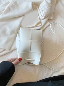 Bolso de cubo de moda con cordón trenzado de PU, bolso cruzado de mini color caramelo para hombro para mujeres - Blanco - Ver 3