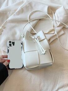 Bolso de cubo de moda con cordón trenzado de PU, bolso cruzado de mini color caramelo para hombro para mujeres - Blanco - Ver 2