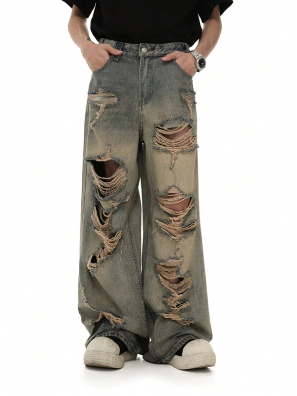 1pc Men's Vintage Y2K Style Wide Leg Distressed Jeans, Blue