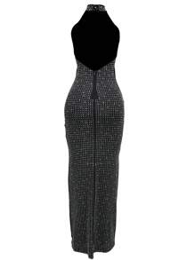 1pc Solid Color Turtleneck Sleeveless Backless Rhinestone Embellished Bodycon Dress - Black - View 4