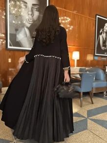 女士串珠褶裥长袍，端庄的阿巴雅 - 黑色 - 查看 7