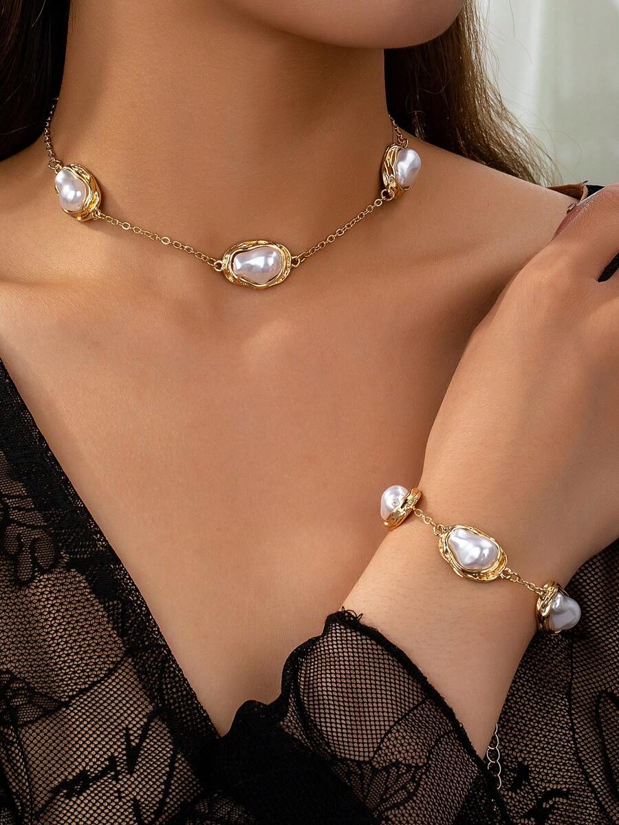 Bộ trang sức vòng cổ và vòng tay ngọc trai bất đối xứng 2 món/bộ, món quà lãng mạn và phong cách cho phụ nữ - D-vàng + trắng - Xem 1