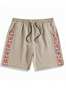 Męskie szorty casualowe z plisami i patchworkiem - Kolor khaki - Zobacz 3