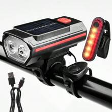 Solar Powered Bicycle Light Set With Horn, 120dB, Rechargeable, Mountain Bike/Road Bike Front Light/Flashlight/Tail Light - Multicolor - View 10