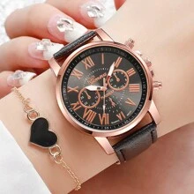 Bộ đồng hồ nữ 6 cái/bộ Thiết kế vượt thời gian, chuyển động thạch anh chính xác - Bộ vòng tay đồng hồ thạch anh bằng da La Mã - Món quà hoàn hảo cho người đặc biệt - Hồng - Xem 4