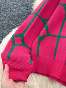 Bộ đồ dệt kim mùa xuân 2 món dành cho nữ, bộ áo khoác cardigan dài tay thời trang và đa năng, áo khoác len jacquard, bộ quần áo dệt kim dáng rộng thoải mái, trang phục thường ngày năng động cho nữ. - Màu Hồng Tươi - Xem 6