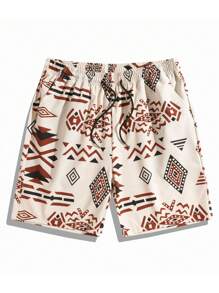 Men's Geometric Print Pocket Drawstring Waist Casual Shorts - Khaki - View 2