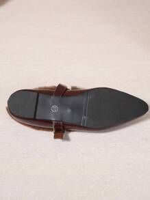 Fall/Winter Women's Flat Slip-On Shoes, With Pointed Toe, Fluffy, Metal Buckle Decor, Wine Red PU Material, Flat Sole, Suitable For Winter,Fur Shoes