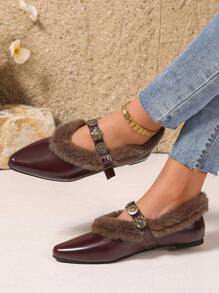 Fall/Winter Women's Flat Slip-On Shoes, With Pointed Toe, Fluffy, Metal Buckle Decor, Wine Red PU Material, Flat Sole, Suitable For Winter,Fur Shoes