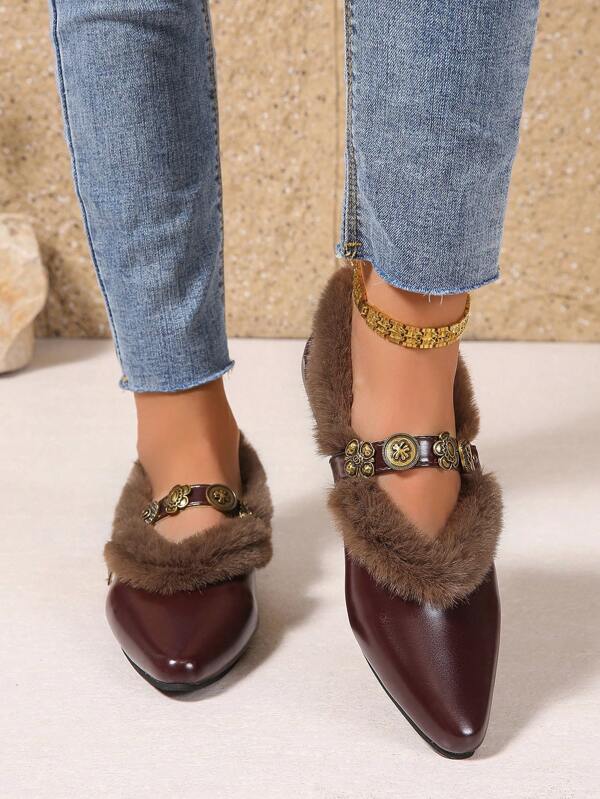 Fall/Winter Women's Flat Slip-On Shoes, With Pointed Toe, Fluffy, Metal Buckle Decor, Wine Red PU Material, Flat Sole, Suitable For Winter,Fur Shoes