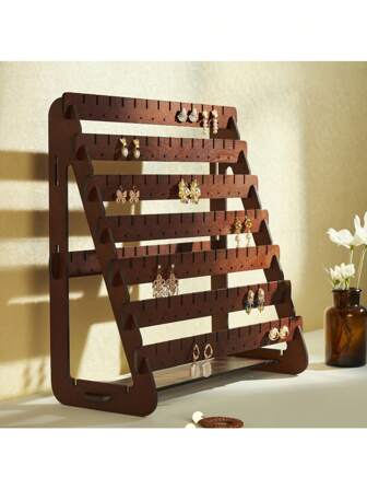 1pc Vintage Wooden Earring Organizer With Removable Trays - Tabletop Display Stand For Studs & Jewelry, Easy Assembly, Utility Hooks Back To School