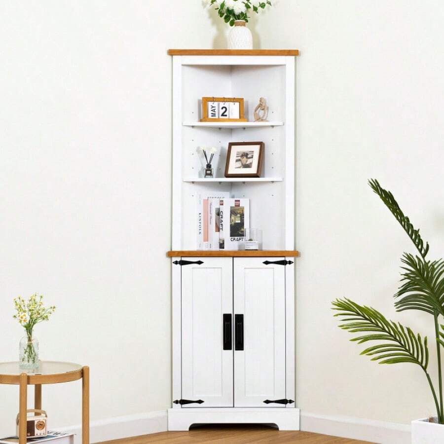 Gabinete de esquina, aparador, gabinete bar, gabinete de baño de esquina con 2 puertas y 3 estantes, gabinete de almacenamiento de esquina independiente para baño, sala de estar, dormitorio o cocina, Color: Blanco+Marrón - Blanco - Ver 1