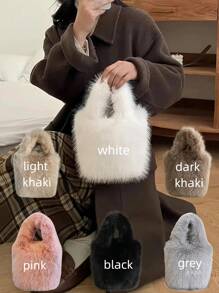 1pc毛绒手提包迷你托特包女新款秋冬可爱小众设计毛绒水桶包时尚，黑色，白色，灰色，棕色，粉色，卡其色，多种颜色，百搭时尚，可装纸巾，适合女学生和上班族日常通勤，便携外出。 - 彩色 - 查看 2