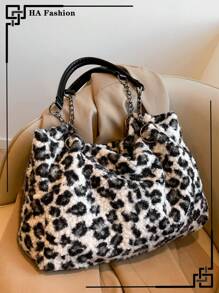 Bolsa tote peluda com estampa de leopardo, grande capacidade, estilo clássico, bolsa de ombro fashion, para deslocamento e uso diário