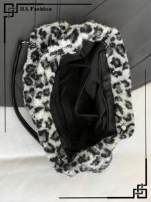 Bolsa tote peluda com estampa de leopardo, grande capacidade, estilo clássico, bolsa de ombro fashion, para deslocamento e uso diário