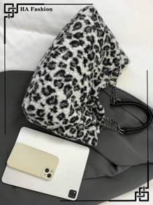 Bolsa tote peluda com estampa de leopardo, grande capacidade, estilo clássico, bolsa de ombro fashion, para deslocamento e uso diário