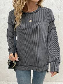 Women Plus Size Long Sleeve Shirts Fall Ribbed Loose Fit Plus Size Sweatshirts Casual Side Slit Tunic Tops