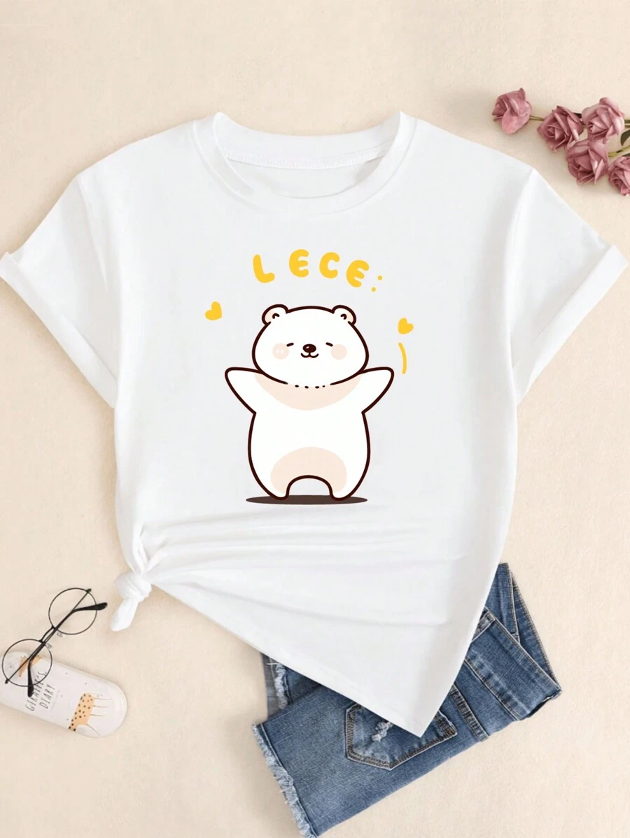 Cartoon Animal T-Shirt Cute Style Premium Cotton Babylook T-Shirt Comfortable Breathable - trắng - Xem 1