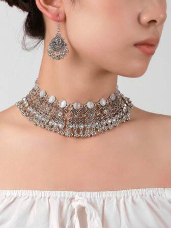 1 件复古风格猫眼石项链和 1 对吊坠耳环首饰套装，适合女士