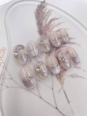 10 件手工制作的可穿戴杏仁形指甲，手绘渐变日式花朵凝胶设计，高端成品美甲 [手工制作，图案装饰随机，适合日常使用或作为礼物] 按压式指甲 美甲用品 美甲