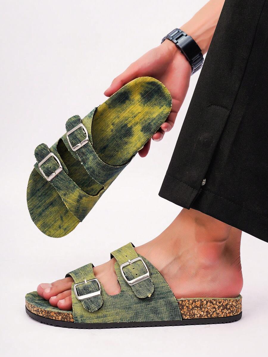 2025 时尚男士软木鞋底沙滩凉鞋，轻便舒适的 PU 皮革鞋面，可调节钩环扣，防滑耐磨软木鞋底，时尚百搭，适合日常户外穿着 - 綠色 - 查看 1