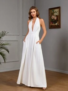 Mono de fiesta para mujer de pierna ancha con cuello de halter y espalda abierta