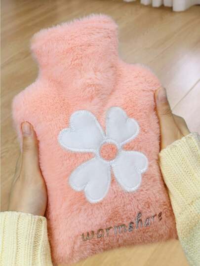 1pc Pink Flower Embroidered Plush Hot Water Bag, Suitable For Warming Belly/Hands/Uterus (Due To Different Batches, The Lines And Colors And The Shape Of The Plug Of The Inner Liner May Vary. We Apologize For Any Inconvenience Caused.) ﻿