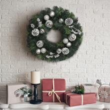 Handmade 16 Inch Pine Needle Wreath With Pinecones And Sliver Accents With LED Lights For Perfect Holiday Decoration For Front Door Fireplace Wall Xmas Party Decorations