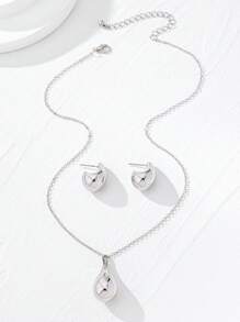 2pcs Women Fashion Minimalist Teardrop Pendant Necklace & Earrings Jewelry Set, Gift