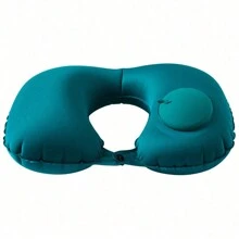 按压式充气U型颈枕，便携可折叠植绒充气旅行枕 - 綠色 - 查看 3