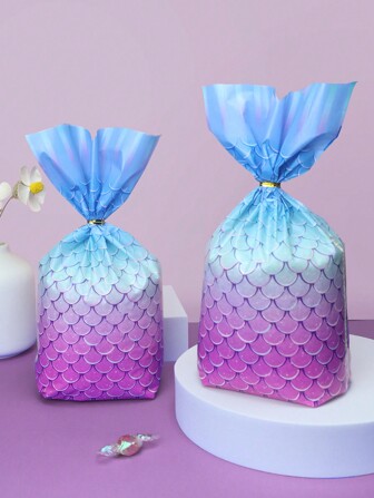 10/20/50 件美人鱼尾巴形状糖果袋 + 金色扭结带，紫色和蓝色鳞片图案，适合主题派对、生日装饰情人节