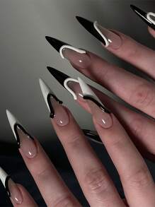 一盒 24 件长细高跟指甲，黑白 3D 流线设计，展现大胆前卫的风格，按压式指甲套装配有指甲锉和果冻胶，适合所有女性，非常适合日常、假日和派对场合，为您的指尖增添一丝大胆的气息。 - 黑與白 - 查看 1