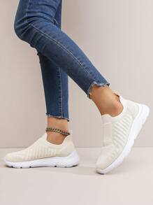 大码女式休闲米色轻便透气一脚蹬防滑运动跑步鞋，春秋季 - 米色 - 查看 7