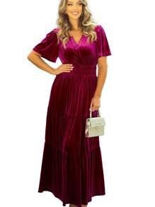 Velvet Short Sleeve Shirred Waist Tiered Maxi Dress - 玫紅色 - 查看 5