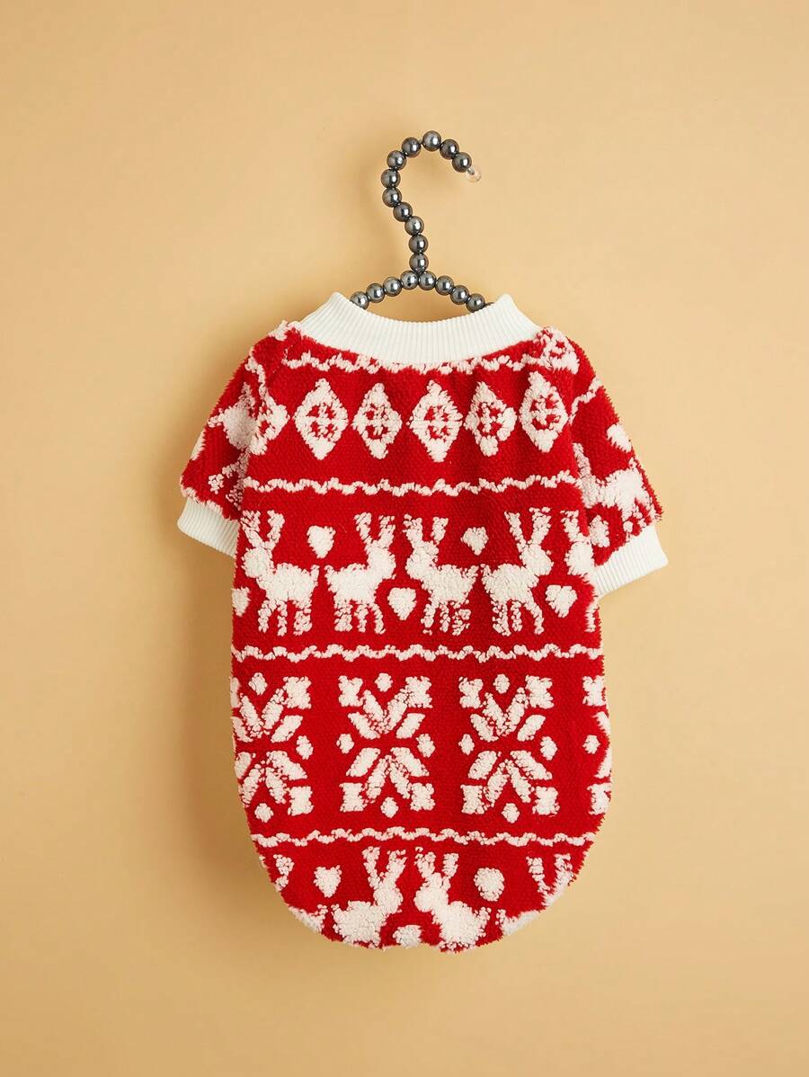 1pc Christmas Pattern Pet Sweatshirt For Cats & Dogs, Plush Material - Red and White - View 1