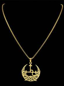 Wicca Triple Moon Crescent Pentagram Pedant Necklace For Women Men Stainless Steel Gold Color Satan Lilith Demon Seal
