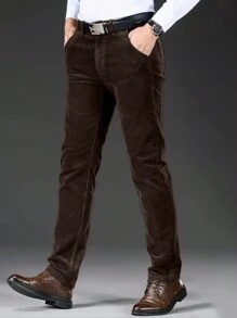 男式纯色休闲简约灯芯绒长裤 - 棕色 - 查看 2