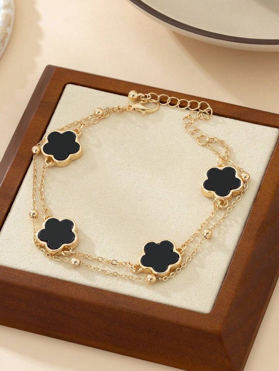 1 件时尚新款甜美黑色四叶草女士双层手链，派对礼物（无礼盒，珠子数量随机，部分黑色珠子需要剥皮）情人节、妈妈、母亲、母亲节、礼物 - 黑色 - 查看 1