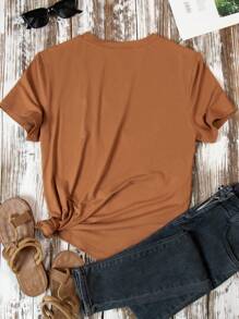 女士春夏休闲装时尚百褶设计超大时尚休闲度假透气舒适纯色日常户外短袖百搭日常搭配方便轻便快捷通勤休闲居家T恤女纯色圆领长袖休闲牙签条纹设计T恤，秋季女士圆领长袖休闲上衣，日常穿着 - 棕色 - 查看 2