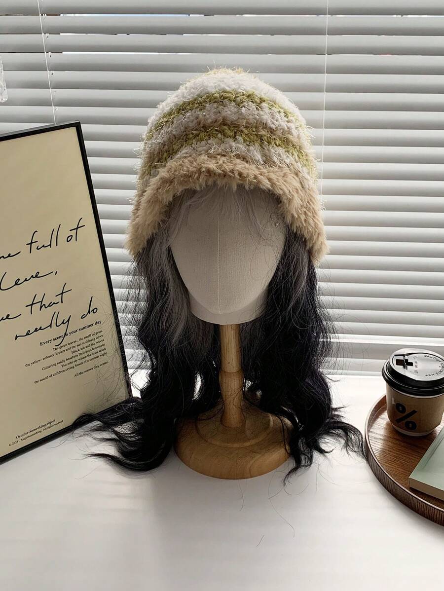 1pc Multi-Color Striped Furry Bucket Hat, Knitted Warm Hat For Women In Autumn And Winter - Silver Stripe Plush*White Top - View 1