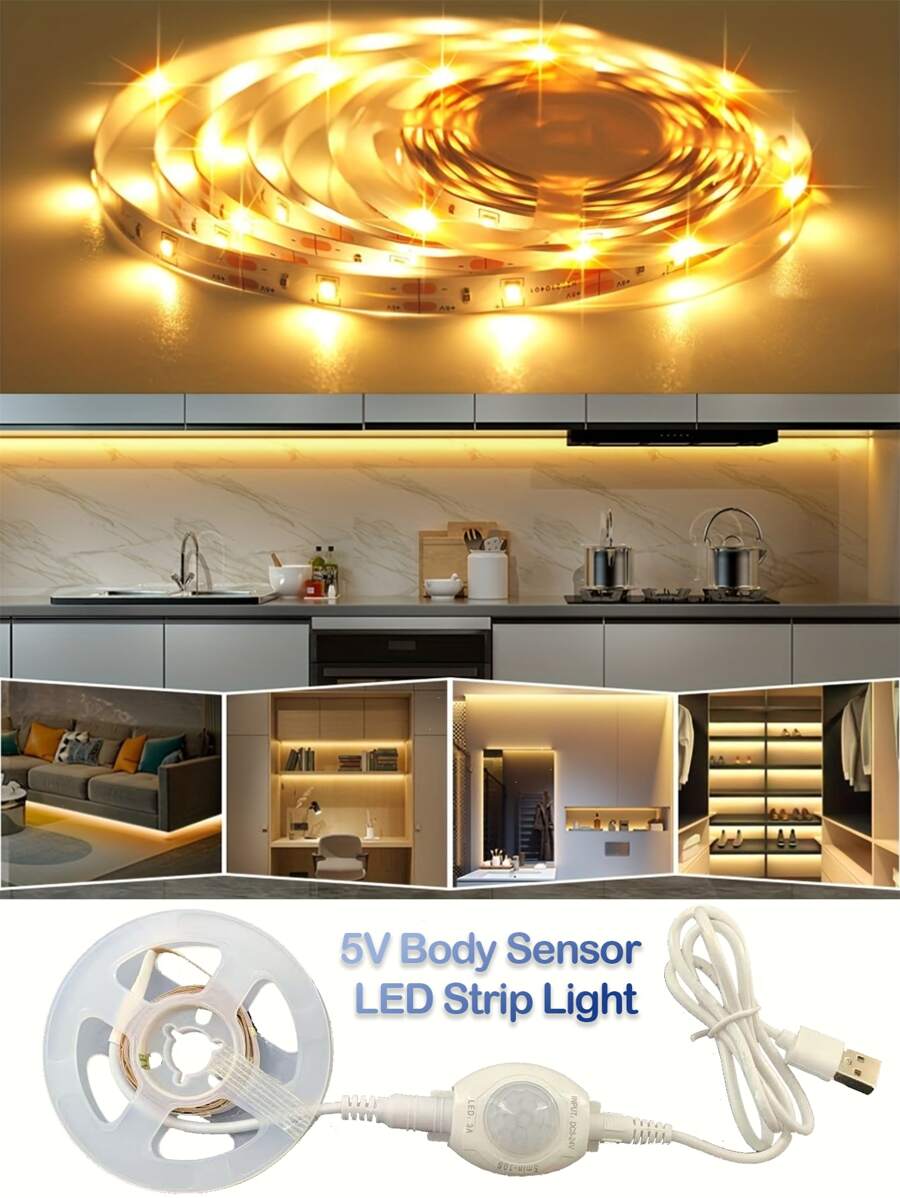 1 Stück 5V LED Lichtband mit Bewegungssensor-Regler - USB-betrieben, Länge wählbar (1m - 5m), 120° Erfassungsbereich, einstellbare Dauer, perfekt für Küche, Schlafzimmer, Treppenhaus, Wohnzimmer, Garderobe - abschneidbar und platzsparend