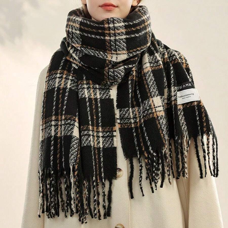1pc Plaid Faux Cashmere Scarf For Women With Tassel, Versatile Warm Shawl Scarf, Unisex Vintage Contrast Color College Student Wholesale Winter Fall