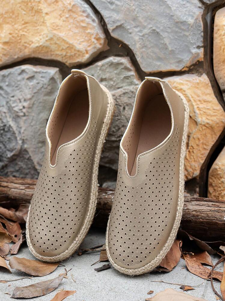 Zapatos tipo slip-on con agujeros para mujer, cómodos y versátiles zapatos planos trenzados tipo pescador, mocasines casuales para uso diario - Dorado - Añade 5