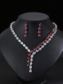 Set de 3 piezas de joyería de estilo europeo y estadounidense con collar y aretes de cobre con circonita, adecuado para vestido de boda, fiesta de noche y uso festivo