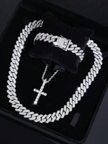 3pcs Hip Hop Fashion Jewelry Set, Stainless Steel Men's Cross Necklace With Layered Cuban Link Chain,Chains Iced Out Bracelet ,Perfect Gift For Men And Women